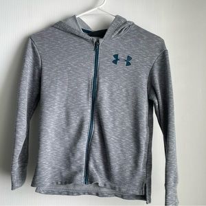 Under Armour full zip long sleeve hooded shirt grey with blue details sz y small